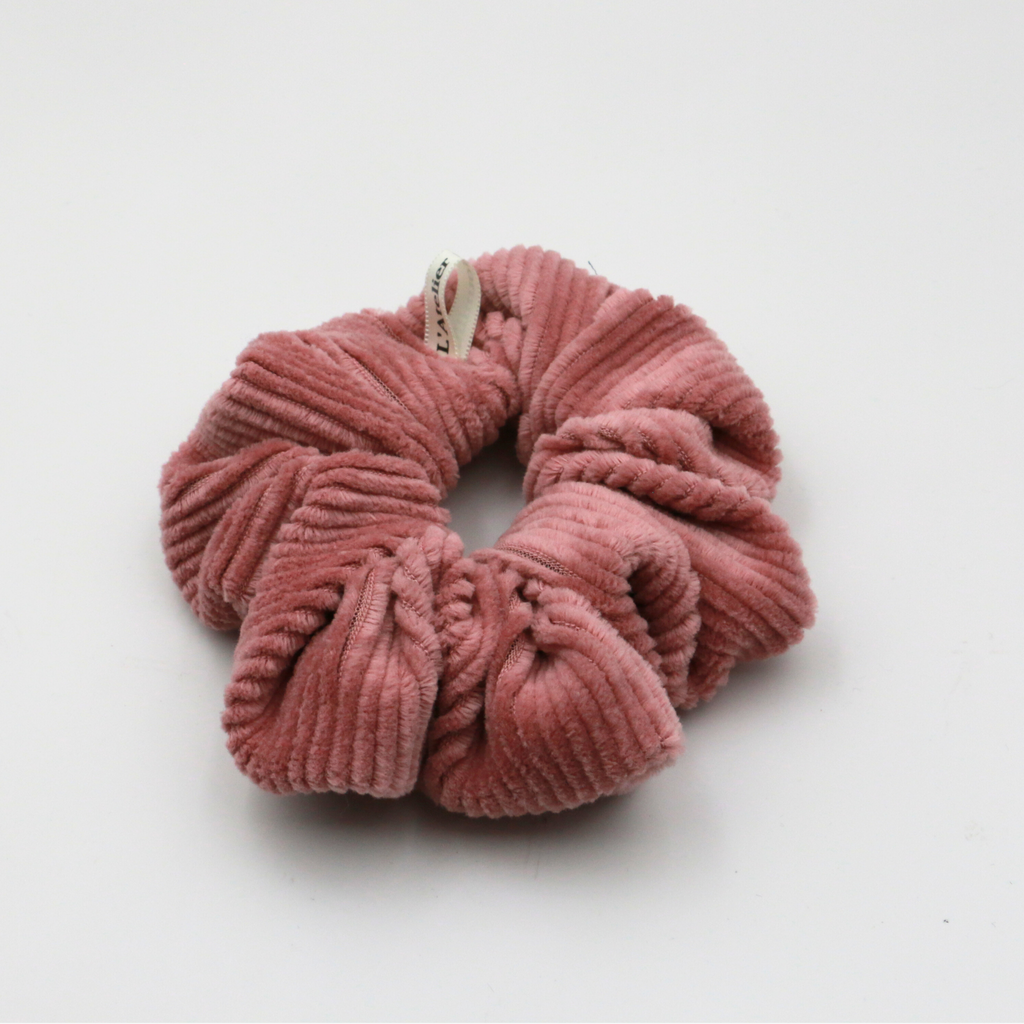 Corduroy Pink scrunchie on a white background