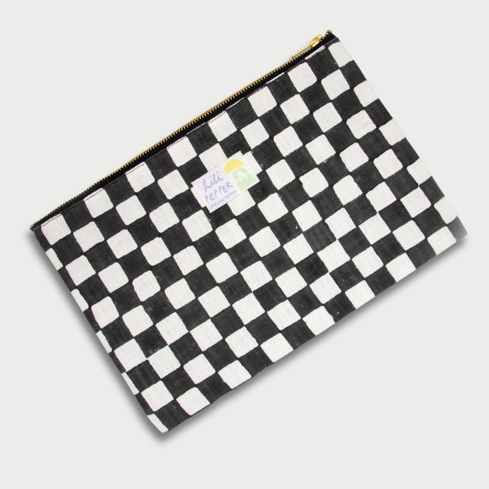 Check B&W - Document Pouch – Block Printed Bio Cotton – Lili Pepper