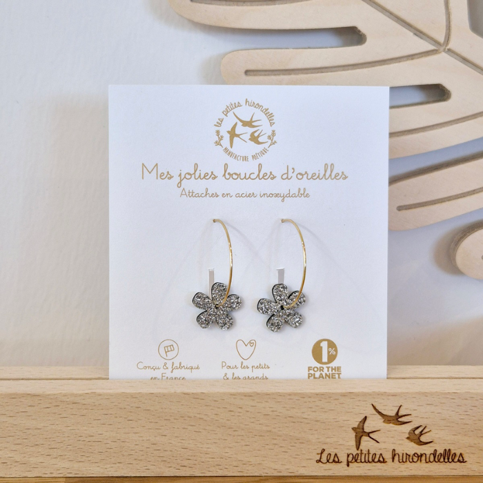 Double-Sided Glitter Flower Hoop Earrings – Leo Gold & Leo Silver – Les Petites Hirondelles