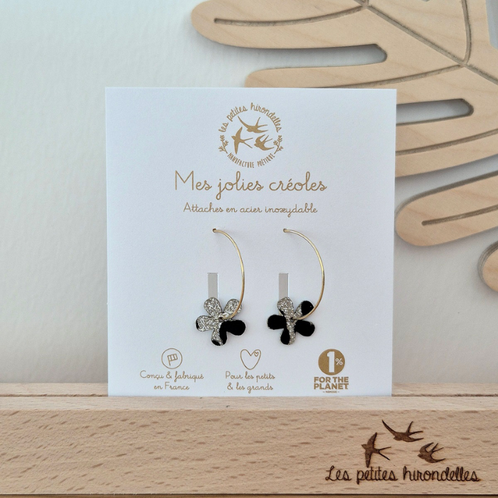 Double-Sided Glitter Flower Hoop Earrings – Leo Gold & Leo Silver – Les Petites Hirondelles