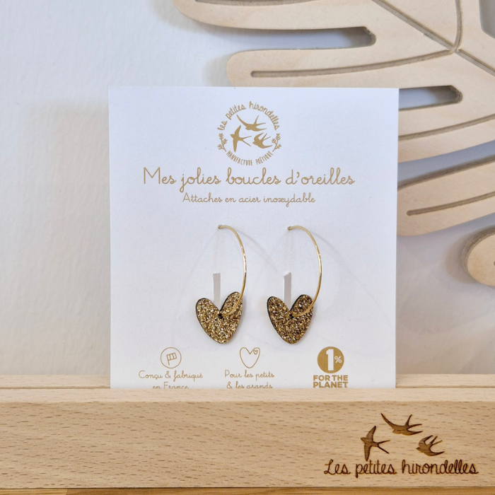 Double-Sided Glitter Heart Hoop Earrings – Leo Gold & Leo Silver – Les Petites Hirondelles