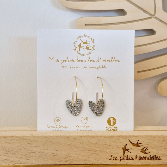 Double-Sided Glitter Heart Hoop Earrings – Leo Gold & Leo Silver – Les Petites Hirondelles