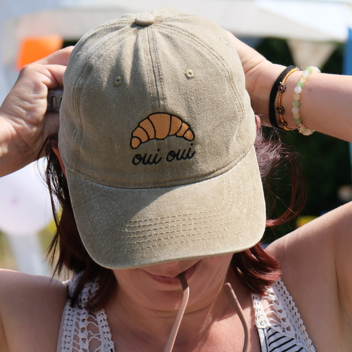 Embroidered Vintage Baseball Cap – Croissant Oui Oui – Beige/Tan - Little Moi Co