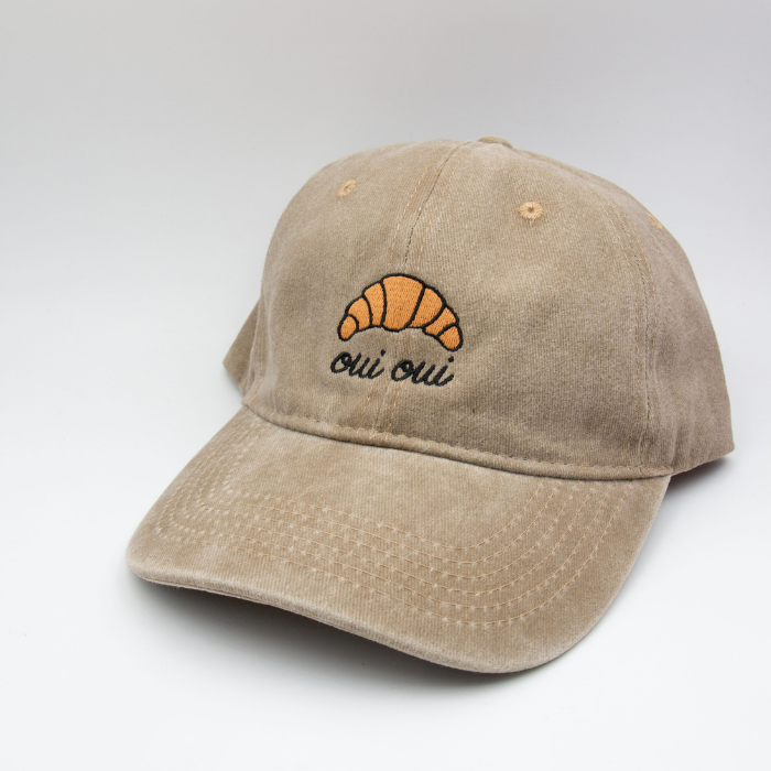 Embroidered Vintage Baseball Cap – Croissant Oui Oui – Beige/Tan - Little Moi Co
