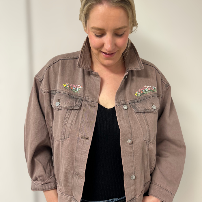 Embroidered Jean Jacket – Blue / Pink / Black – Greta Jane Paper Co