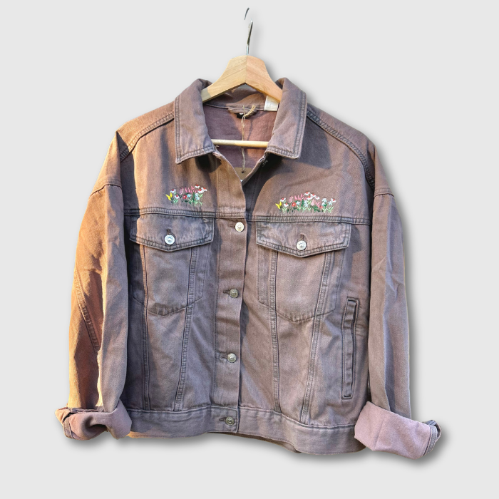 Embroidered Jean Jacket – Blue / Pink / Black – Greta Jane Paper Co