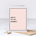 Pink greeting card with black text on a white background