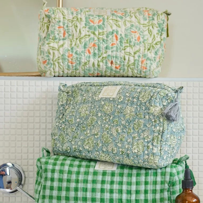 Arushi Blue/Green - Cotton Quilted Toiletry Bag/Pouch – Bonheur du Jour