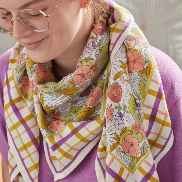 Magic Garden Violine - Large Square Cotton Bandana Block Print Scarf  – Bonheur du Jour
