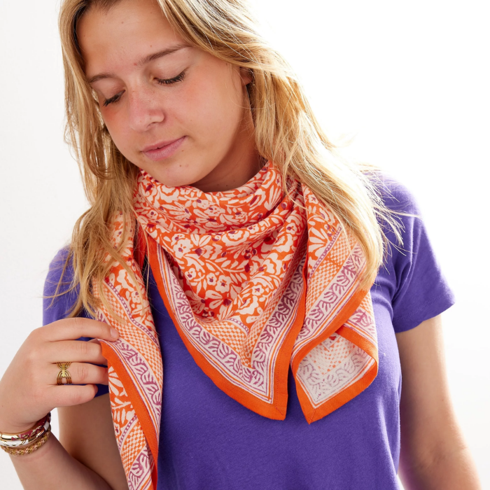 Iris Clementine - Small Square Cotton Bandana Block Print Scarf  – Bonheur du Jour
