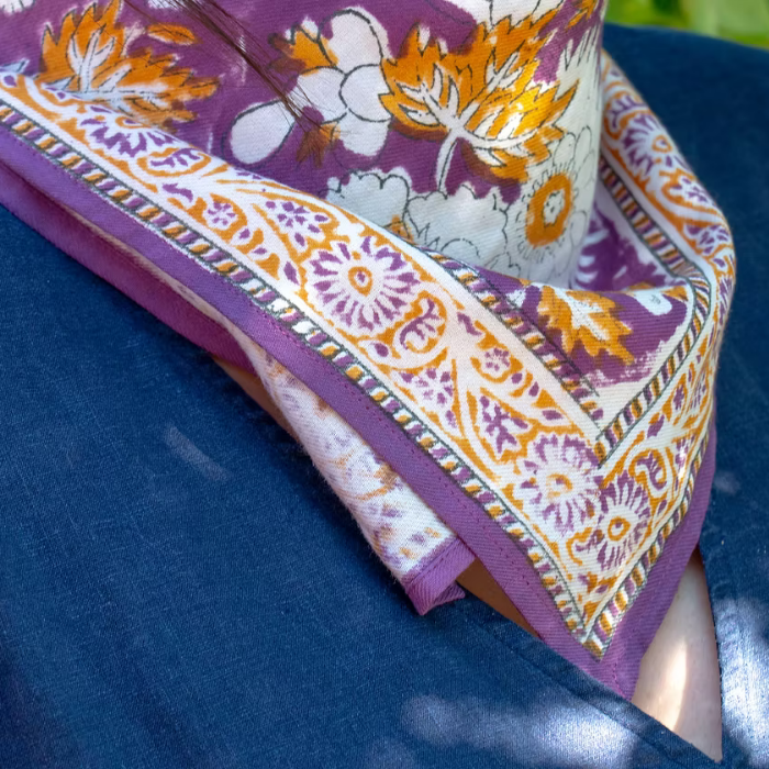 Vishnu Prune - Small Square Cotton Bandana Block Print Scarf  – Bonheur du Jour