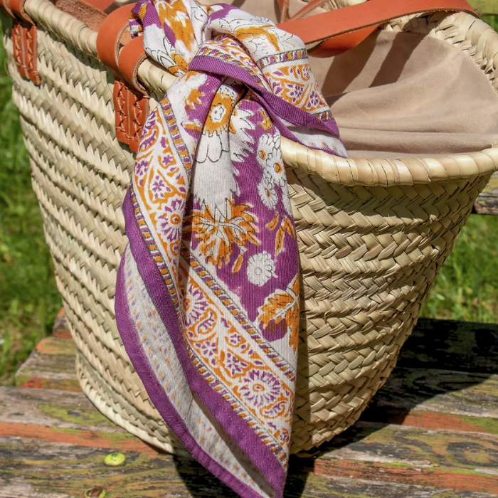 Vishnu Prune - Small Square Cotton Bandana Block Print Scarf  – Bonheur du Jour